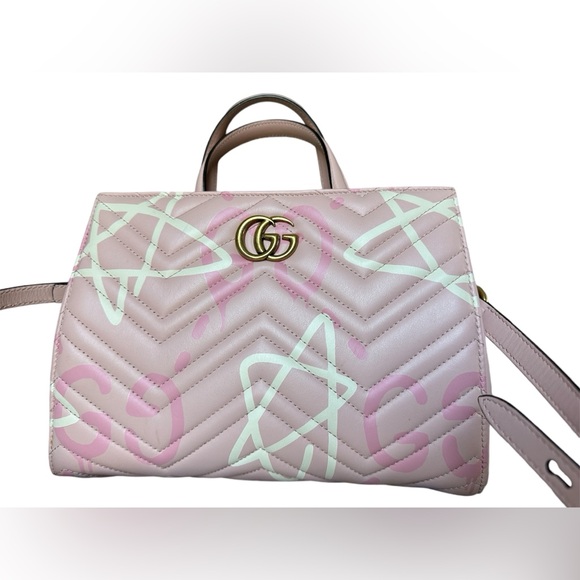 GUCCI Ghost Marmont GG Matelassé 2-way tote top handle bag pink graffiti chevron - Picture 3 of 14